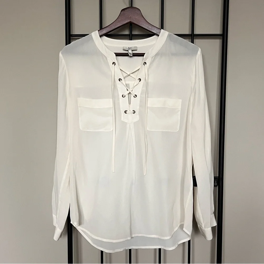 Joie Ivory 100% Silk Lace Up Blouse Sz S - Picture 7 of 7